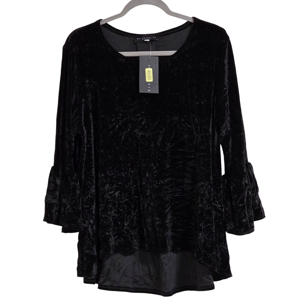 Bryn Walker Fran Shirt Womens Medium Black Crushed Velvet Ruffle Bell Sleeve Top